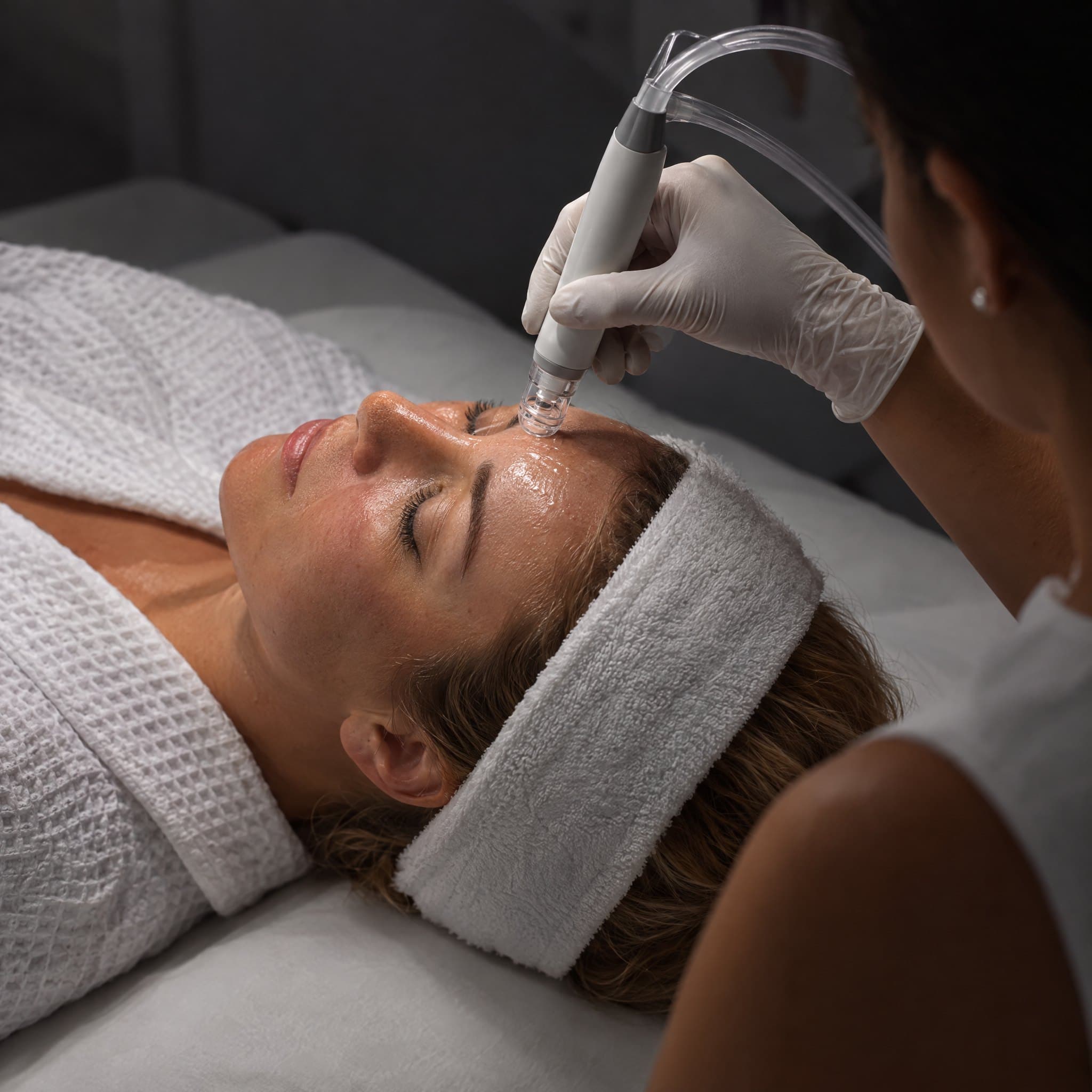 A HydraFacial vortex wand passing over a client's forehead during treatment