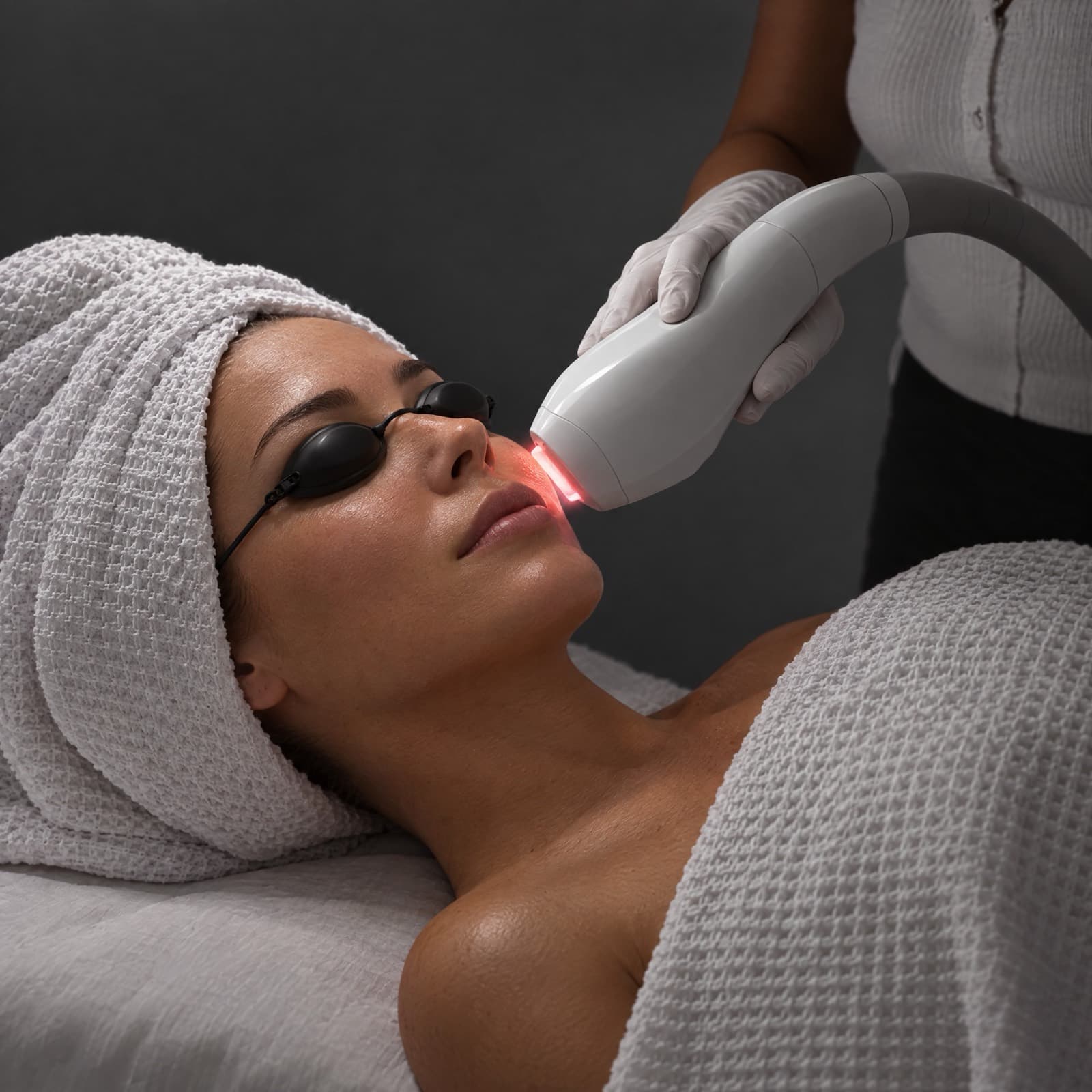 An esthetician passes a red-light handpiece along the jaw of a client wearing protective eye shields