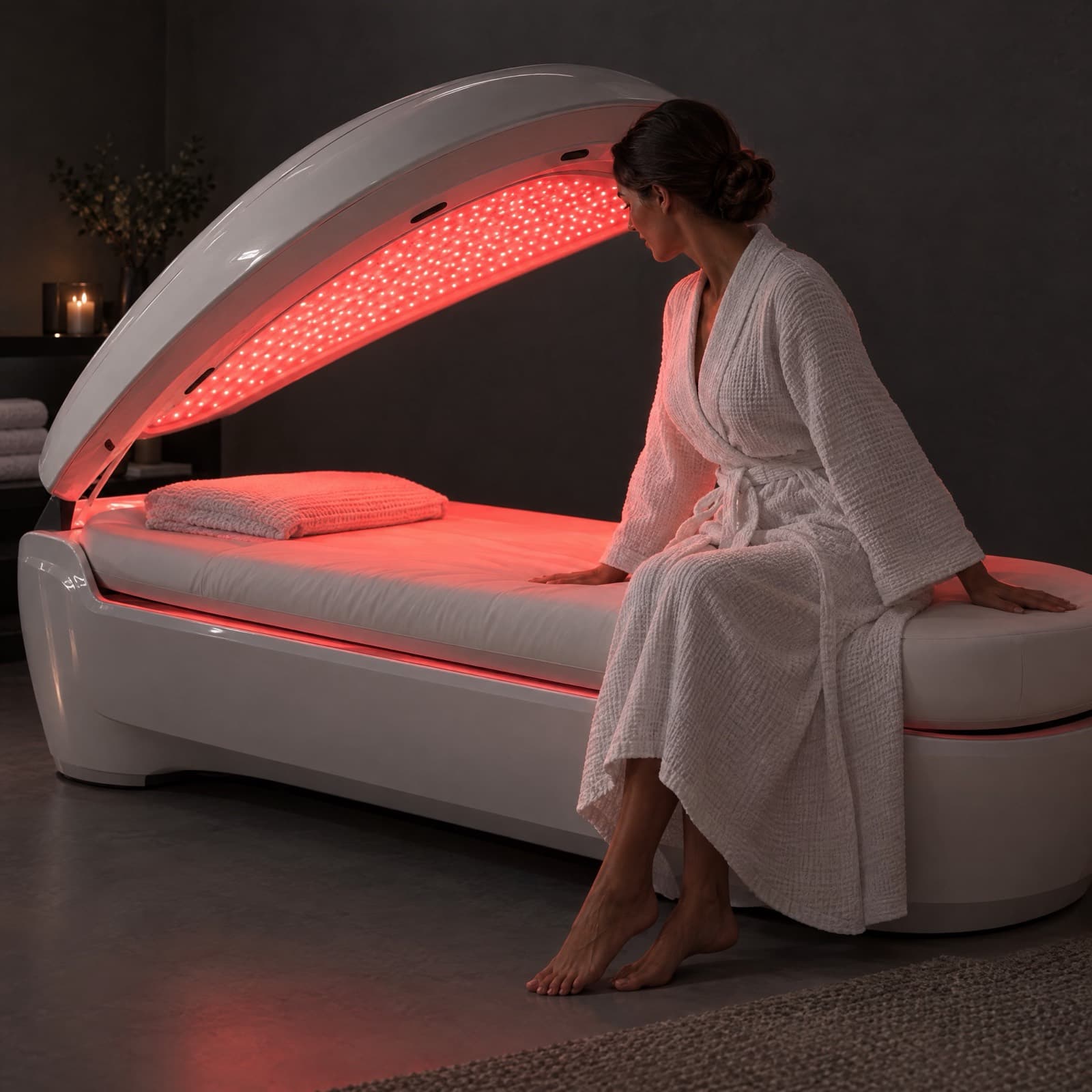 Client in a white robe seated on an open full-body LED bed glowing red in a dim spa room