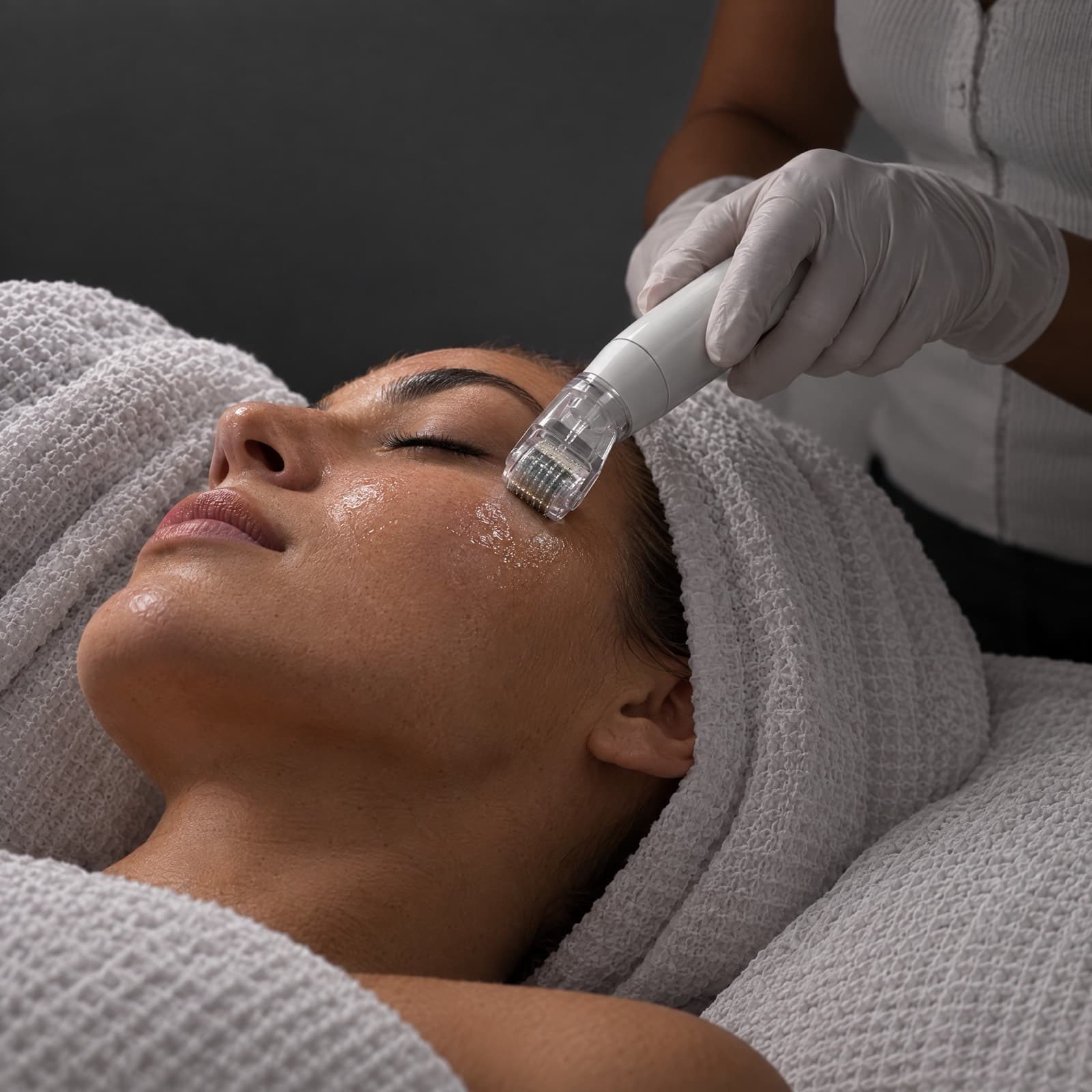Gloved esthetician glides a microneedling pen across the cheek of a towel-wrapped client with serum-glossed skin