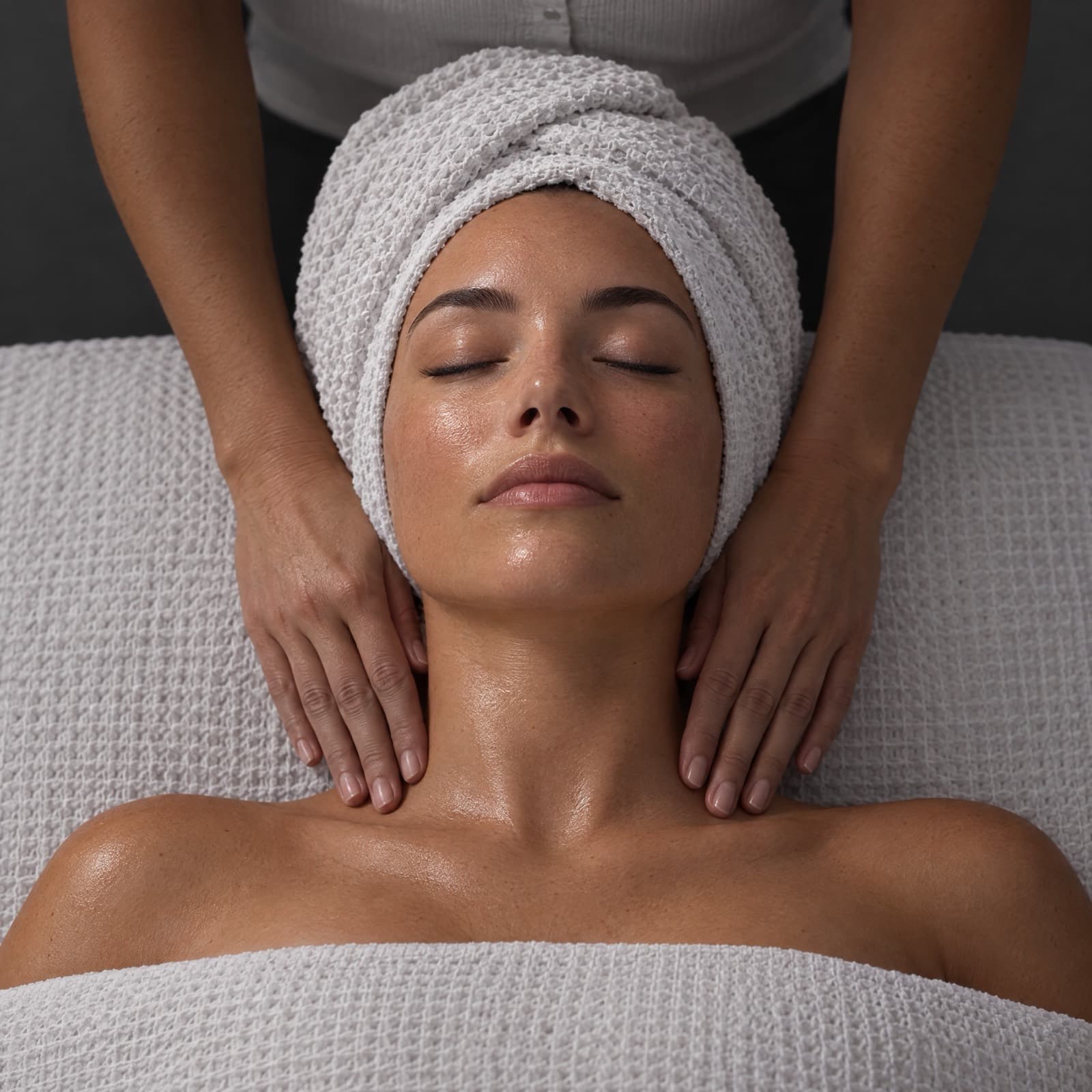 An esthetician's bare hands glide along a towel-wrapped client's neck and collarbones, viewed from directly above