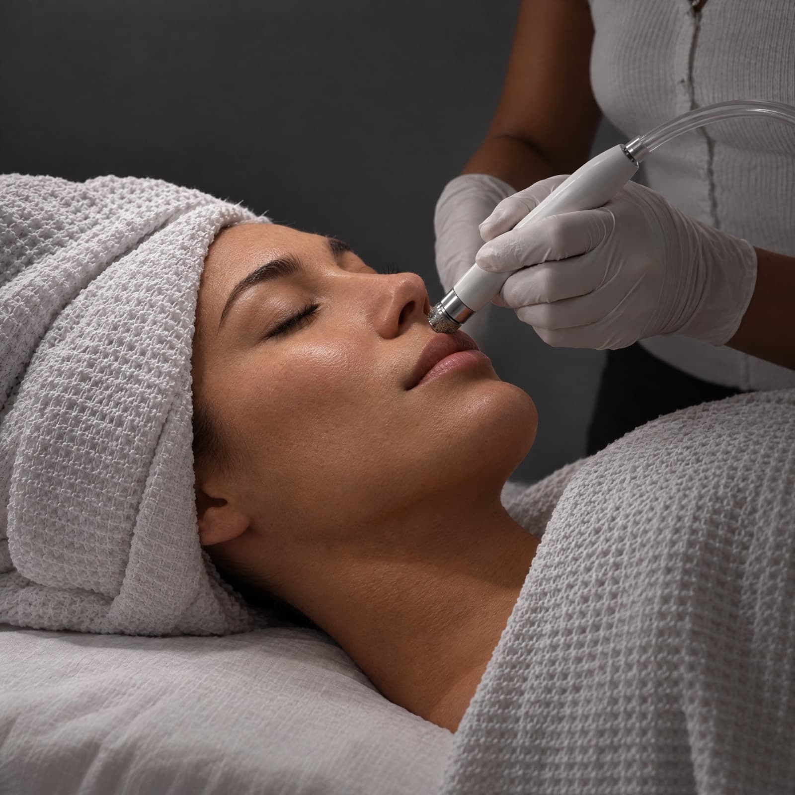 A gloved esthetician glides a diamond-tip suction wand across a reclining client's cheek and nose