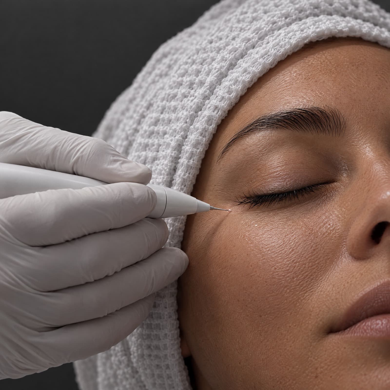 Gloved esthetician guides a fine-tipped pen device along the outer corner of a towel-wrapped client's closed eye
