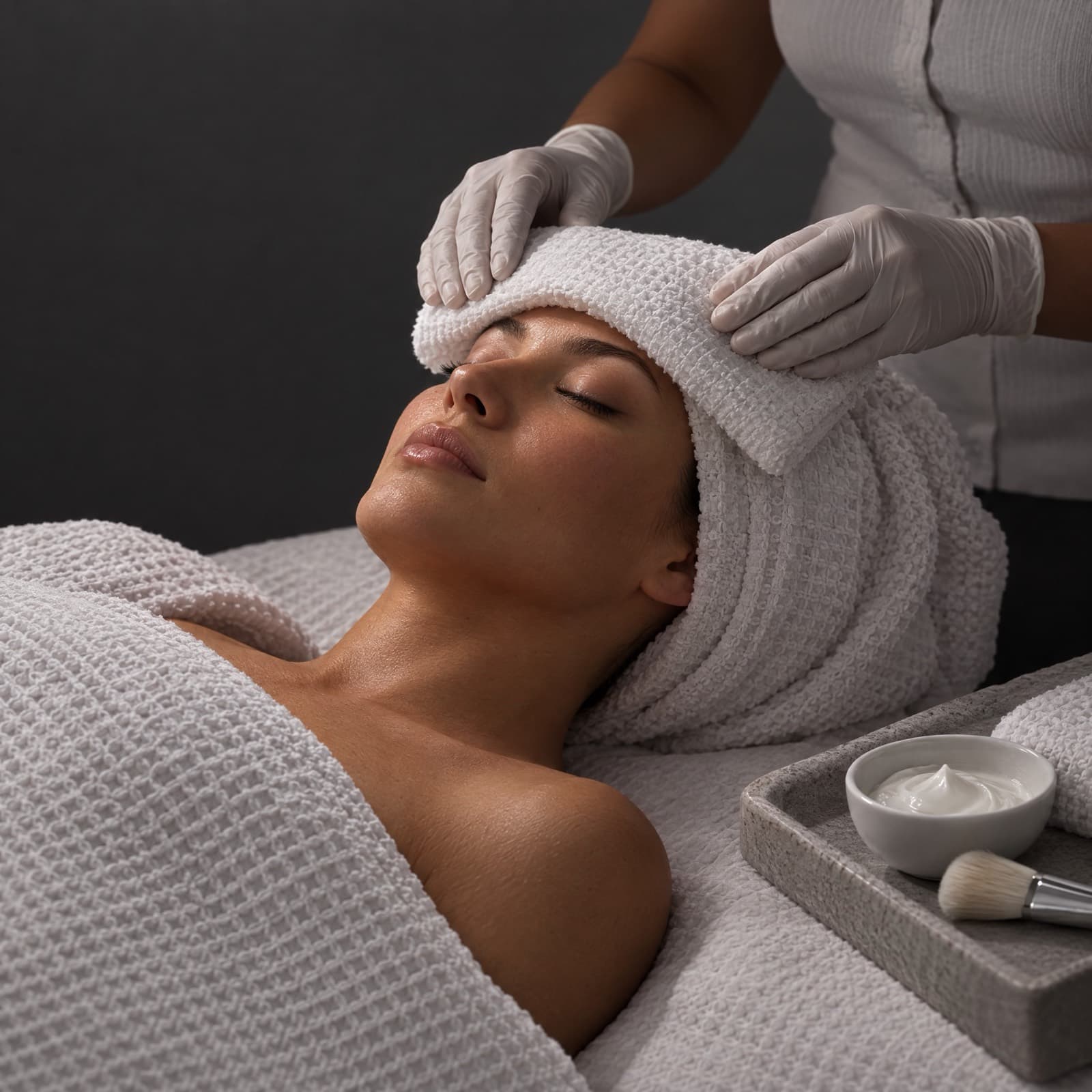 Gloved hands settle a folded white towel around a resting client's face, cream bowl and brush nearby