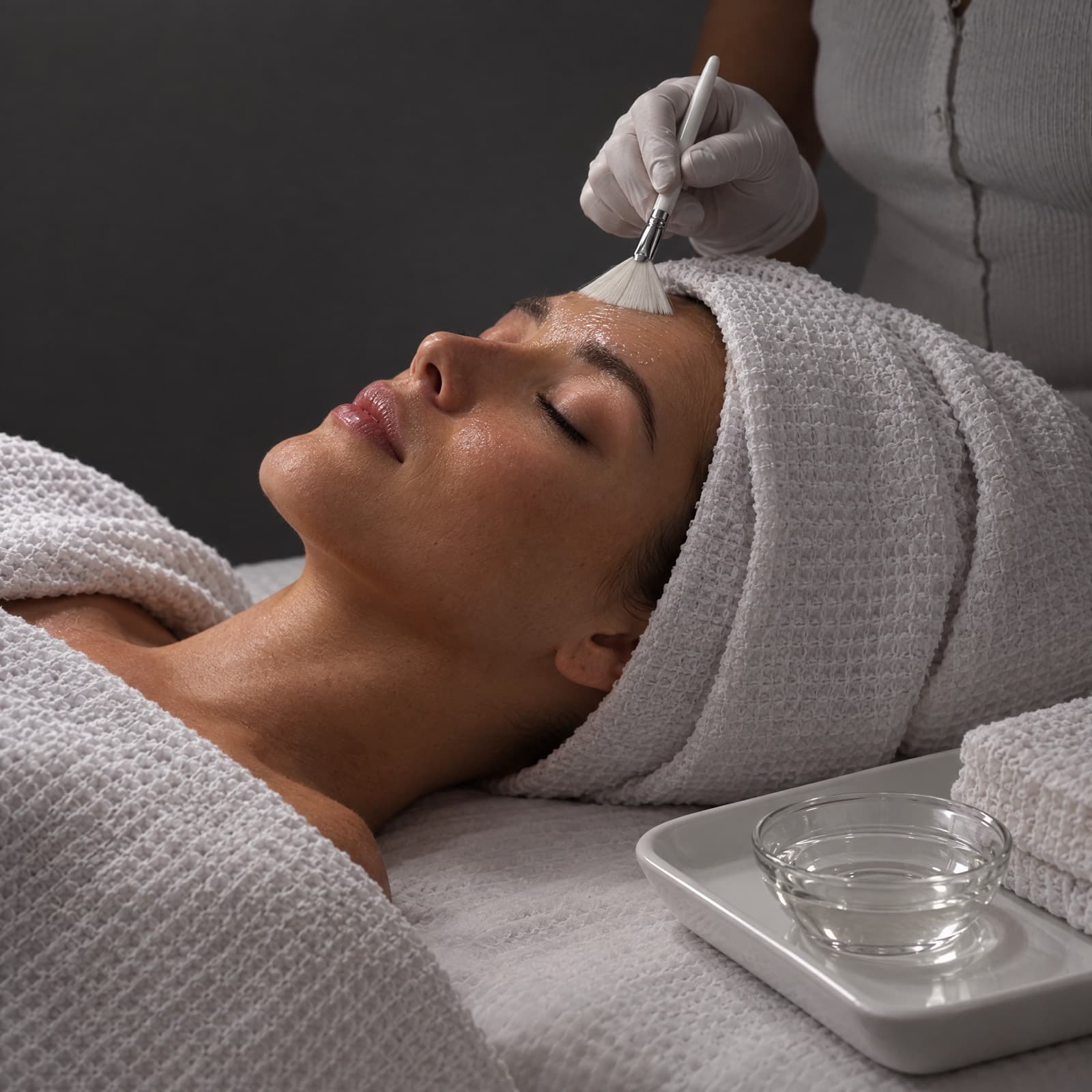 A gloved esthetician brushes clear solution across a client's forehead with a fan brush beside a glass bowl